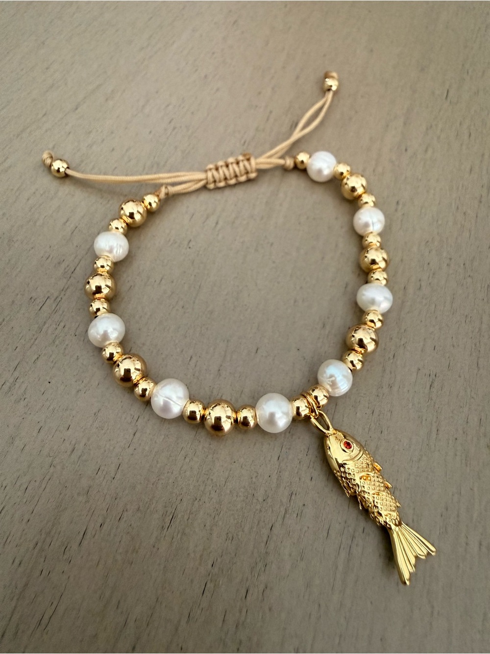 Gold & Pearl Fish Charm Adjustable Bracelet by